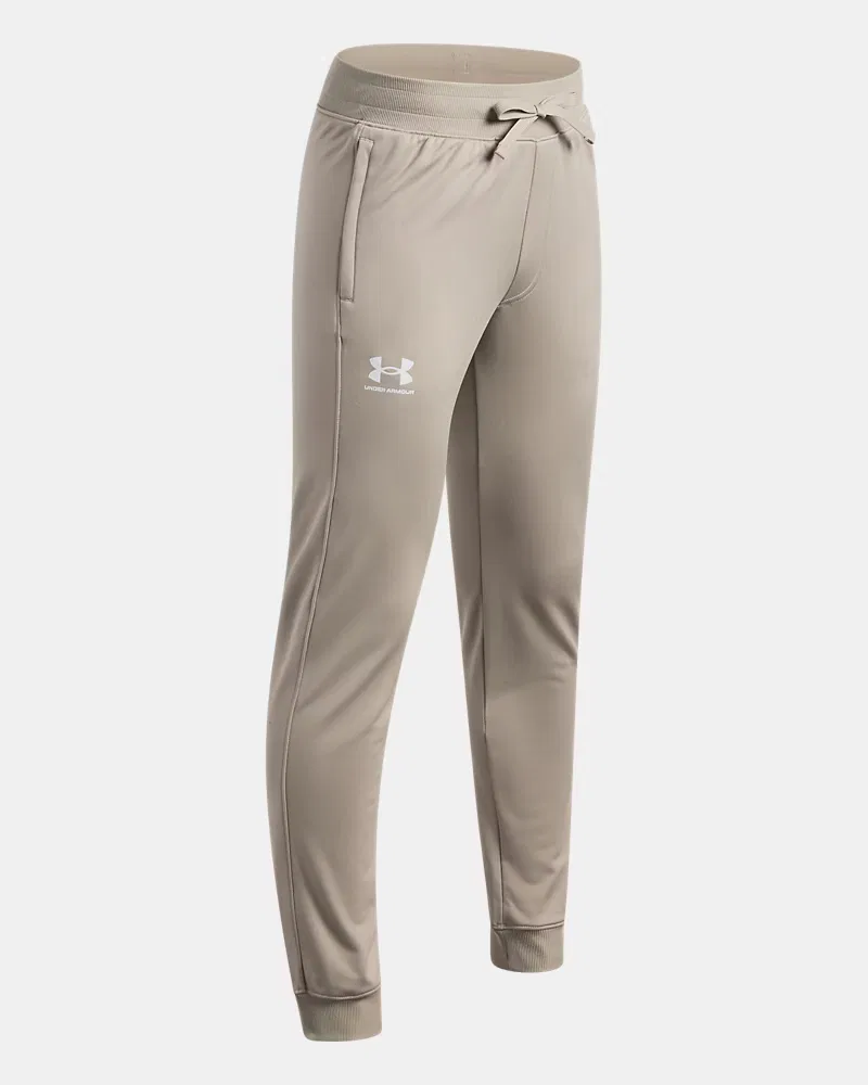 Детские брюки 63,5 см с начесом и эластичным поясом UA Icon Knit UnderArmour, Timberwolf Taupe/White — фото 3