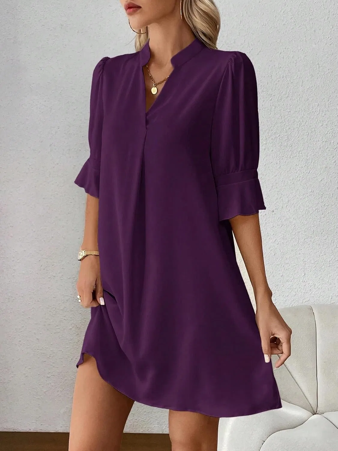 Женское повседневное платье-туника с вырезом каре и воланами, Purple — фото 3