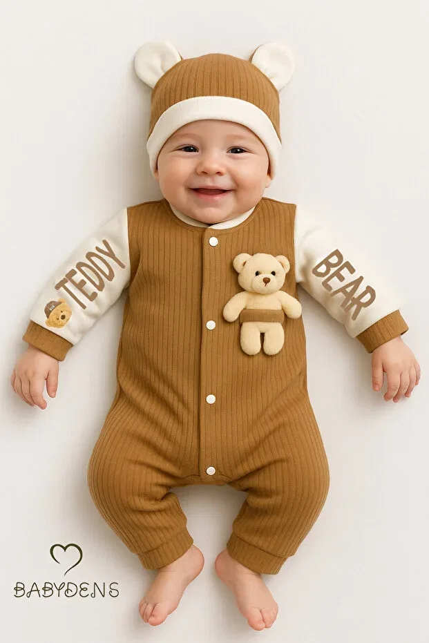Детский комбинезон-ребристый с принтом Teddy bear themed newborn ribbed romper set with teddy bear baby romper hat set Babyden'S, Brown