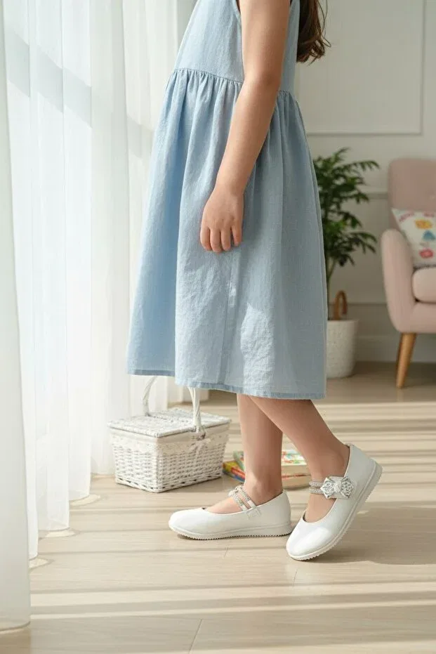 Детские балетки для девочек с принтом April 23 children's day stoned bowknot ceremonial shoes orthopedic ballet flats Enoch, White — фото 2
