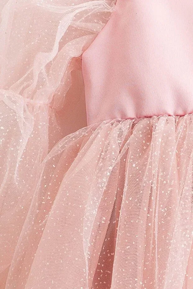 Детское платье для девочек с длинным рукавом Pearlie ruffled sleeve glitter tulle girls' dress Banamio, Powder — фото 3
