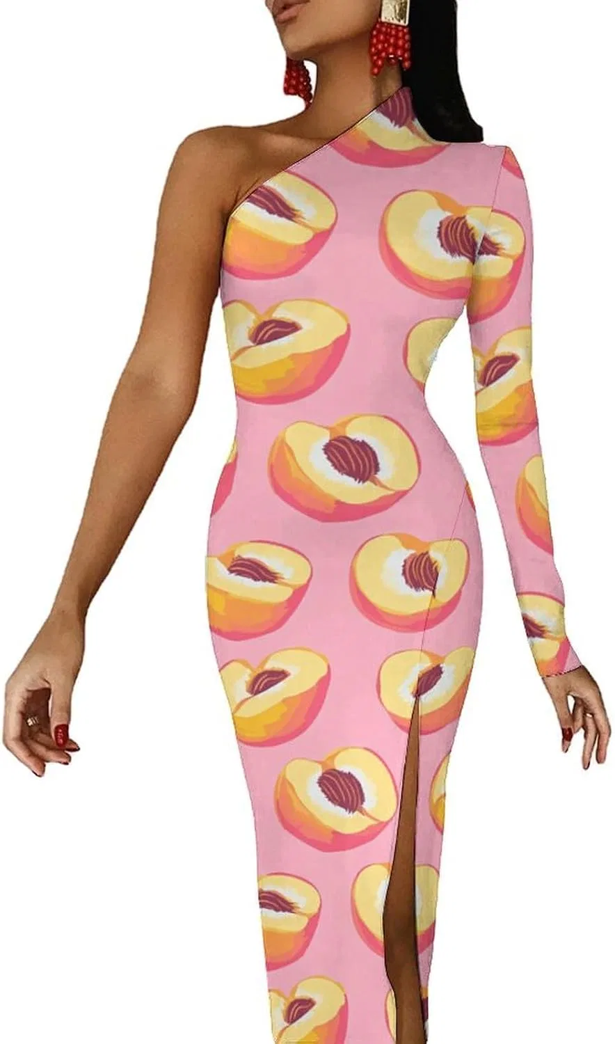 Женское коктейльное платье с одним рукавом Bodycon, Peach Fruit, Style