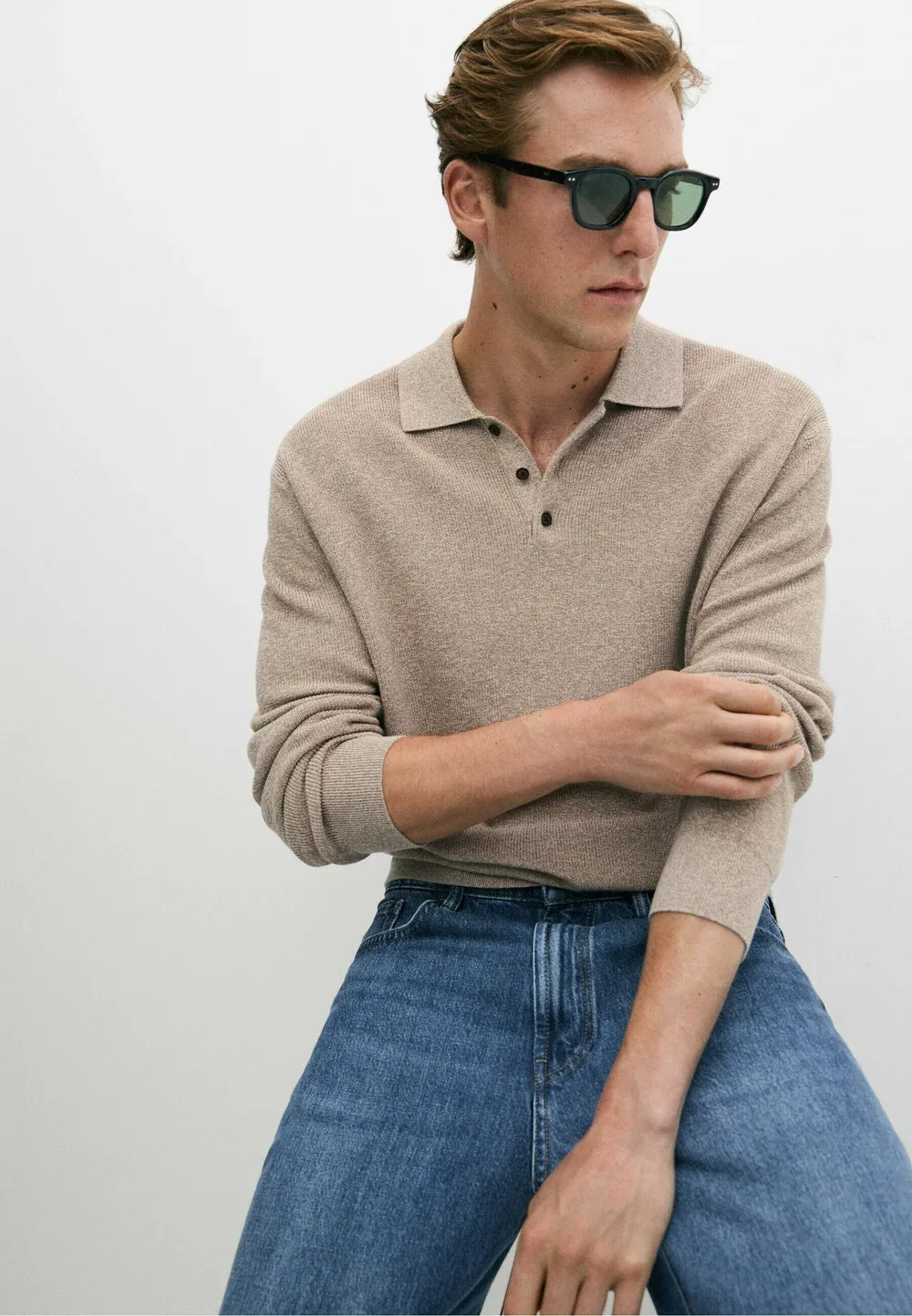 Свитер-Поло из 100% хлопка мулине - рубашка-поло Massimo Dutti, Beige — фото 4