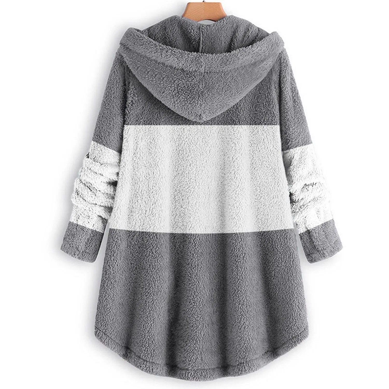Женское длинное пальто из флиса с капюшоном, оверсайз, с длинным рукавом, Grigio — фото 4