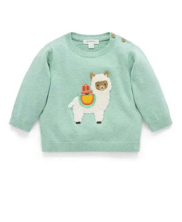 Детский свитер с вышивкой ламы Purebaby, Aloe Melange