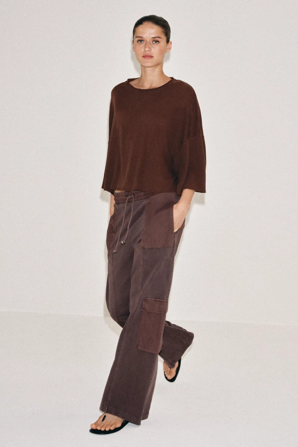 Футболка-накидка из хлопка и льна ZARA, Brown