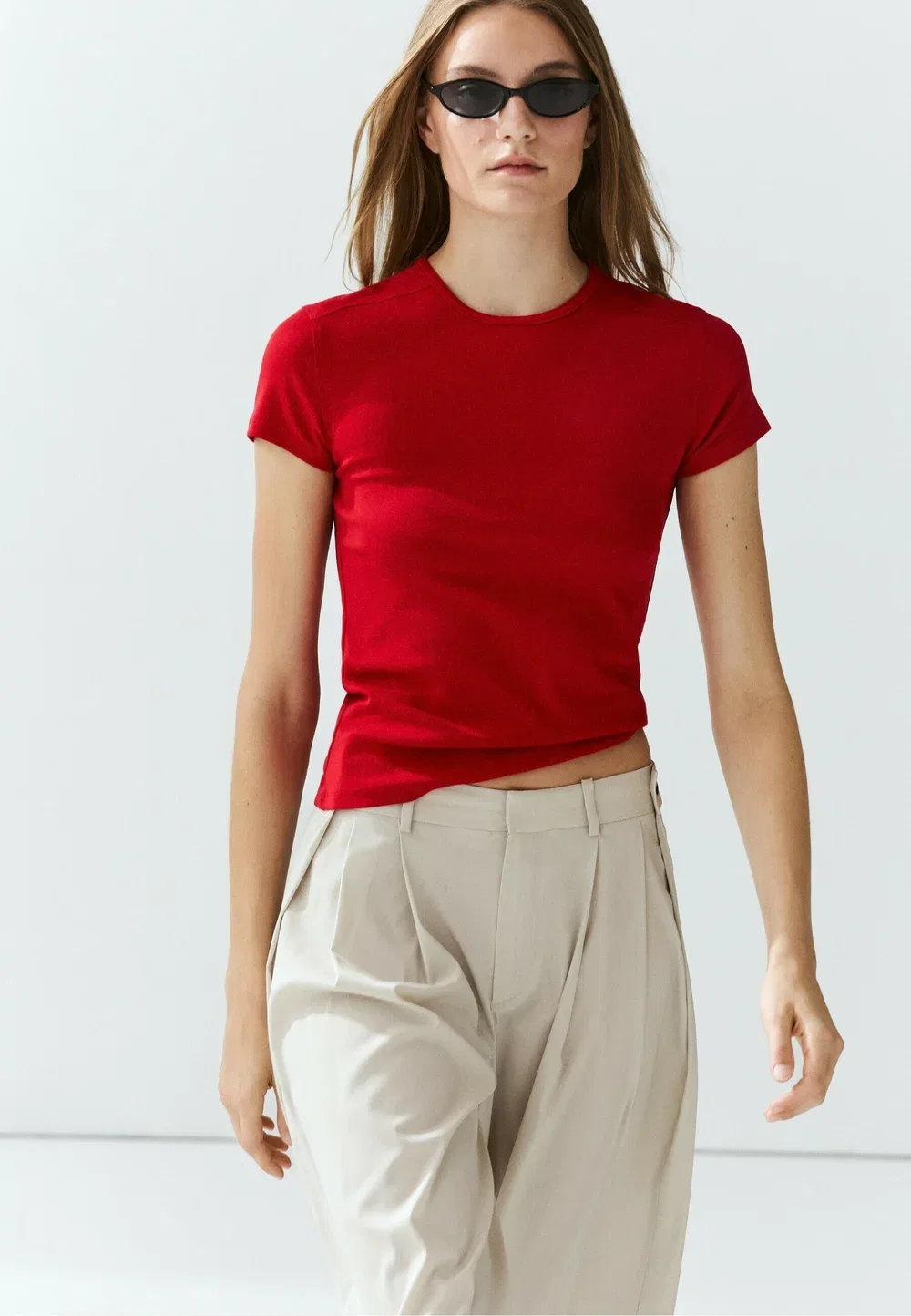 Футболка с коротким рукавом из смесовой хлопковой ткани - базовая футболка Massimo Dutti, Red — фото 3