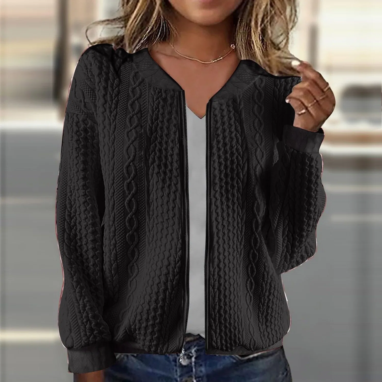 Женская куртка с молнией, джаккард, для межсезонья, Nero — фото 3