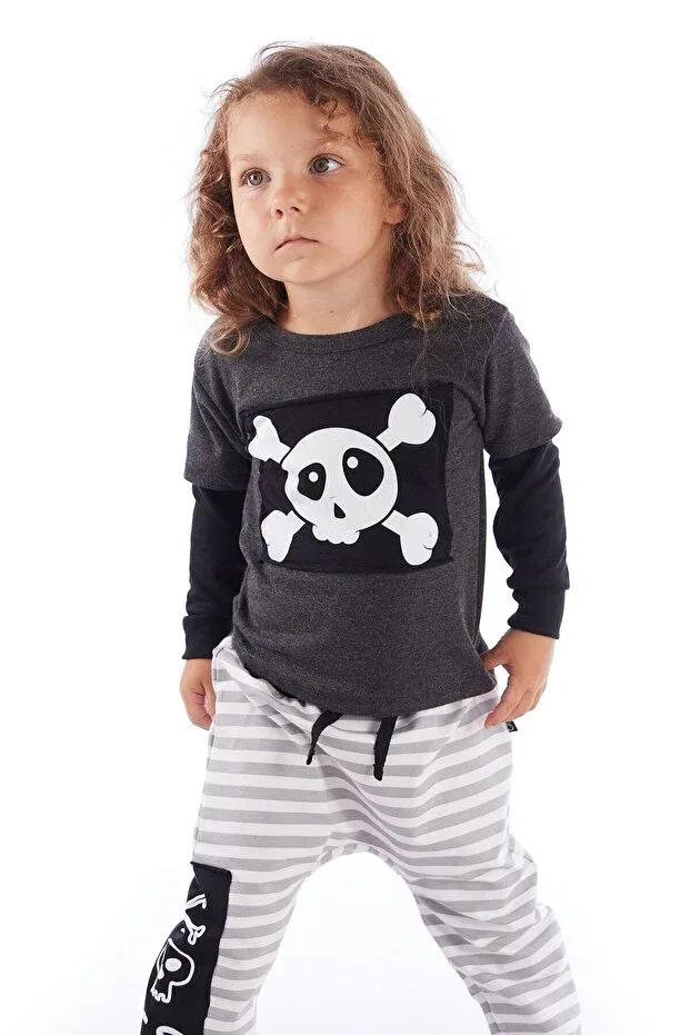 Детская футболка с длинным рукавом с принтом Baby Skull Patch Colorinas, Anthracite Melange — фото 2