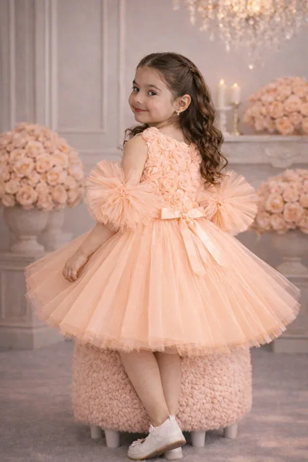 Детское платье для девочек с пайетками Pompom sleeves rose patterned tulle piece party and birthday dress evening dress Mixie, Orange — фото 3