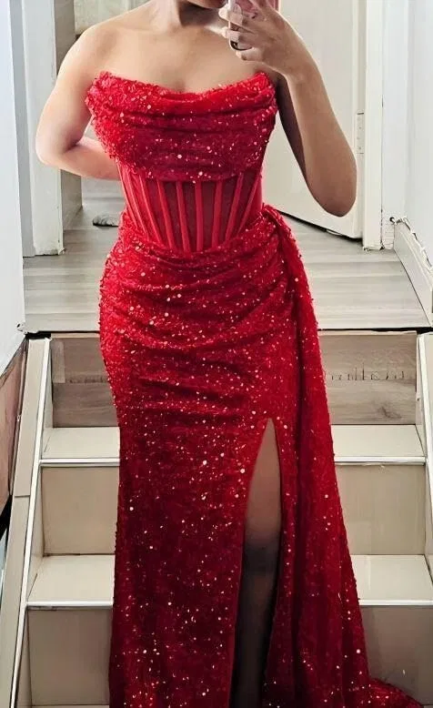 Женское блестящее пайетковое платье-русалка с разрезом Strapless, Gold — фото 4