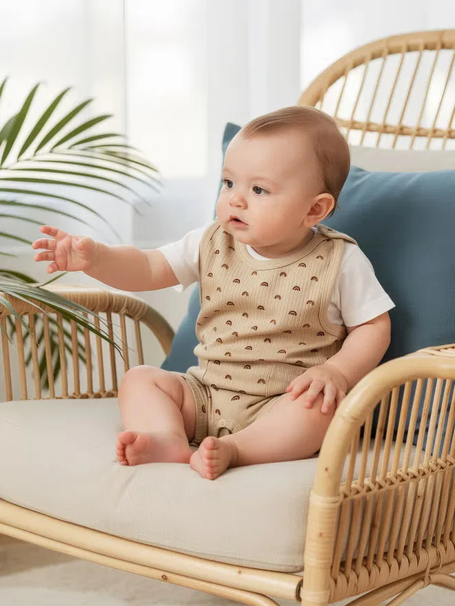 Боди-комбинезон из рубчатого хлопка с коротким рукавом Babies Basic, бежевый — фото 3