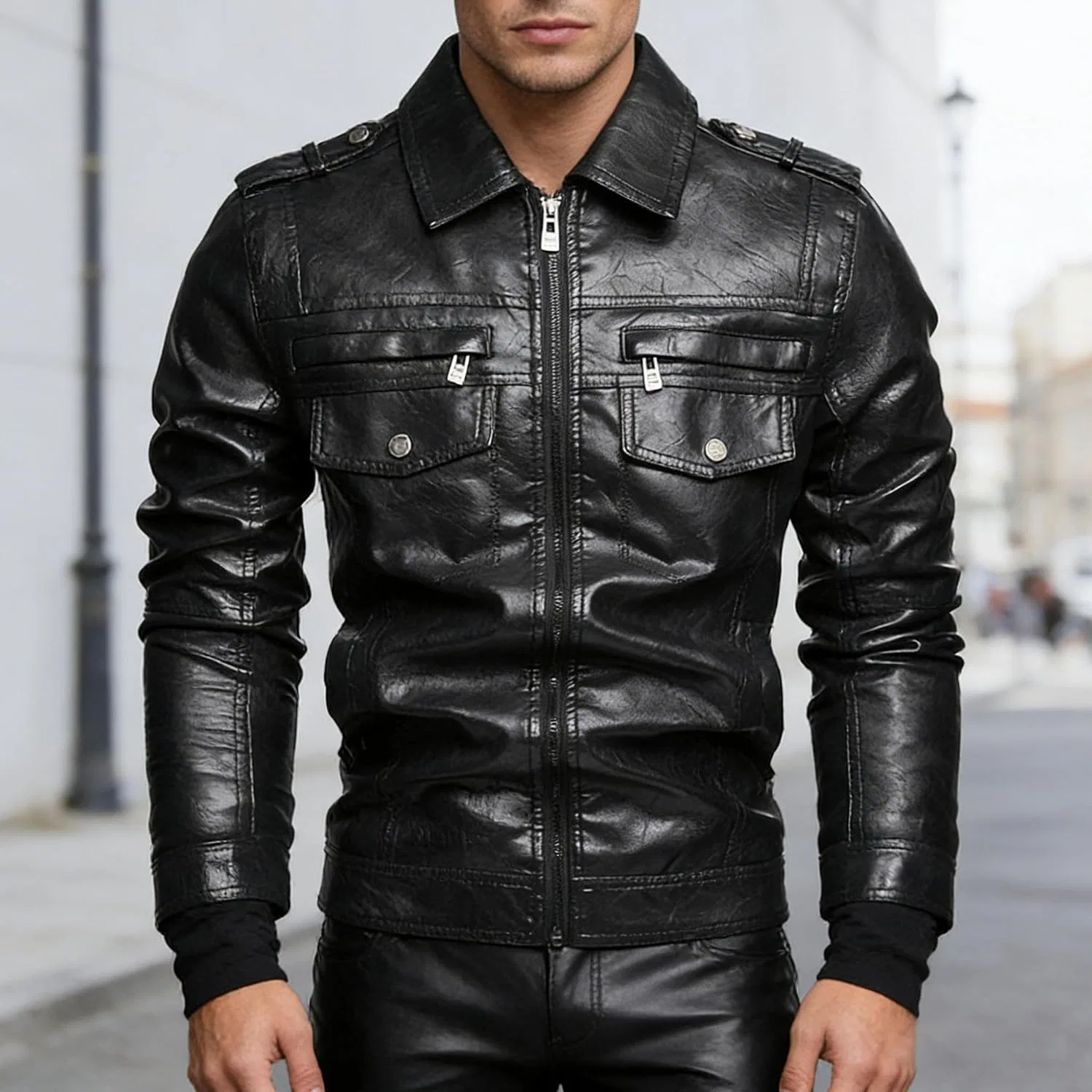 Мужская куртка-косуха из экокожи Vintage Motorcycle Style, чёрный — фото 2
