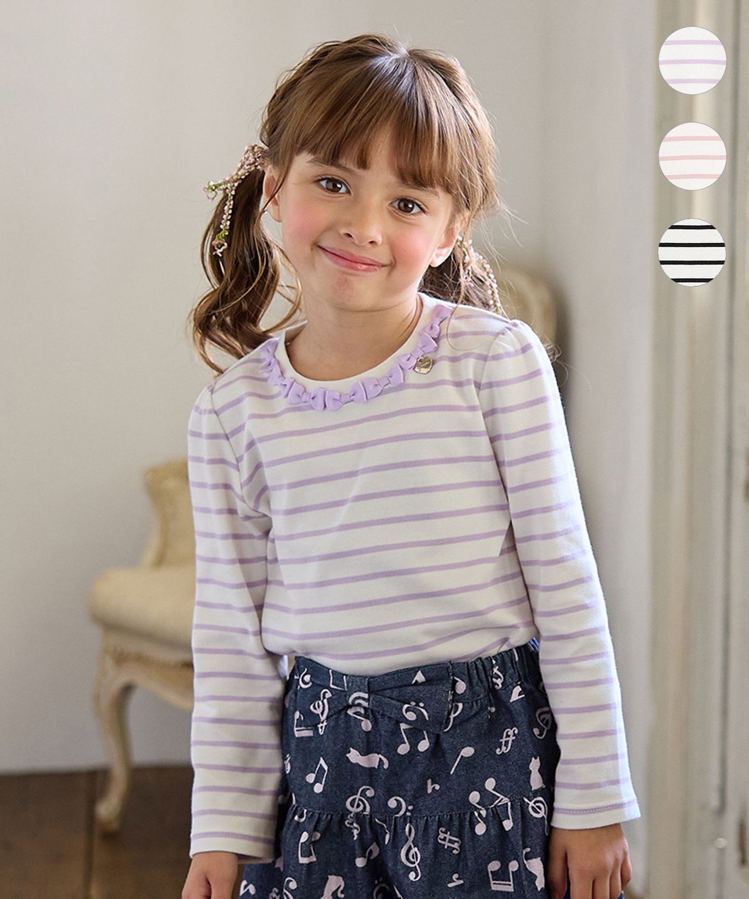 Футболка с длинными рукавами и окантовкой из лент* Any Kids, Lavender x Ecru [182]