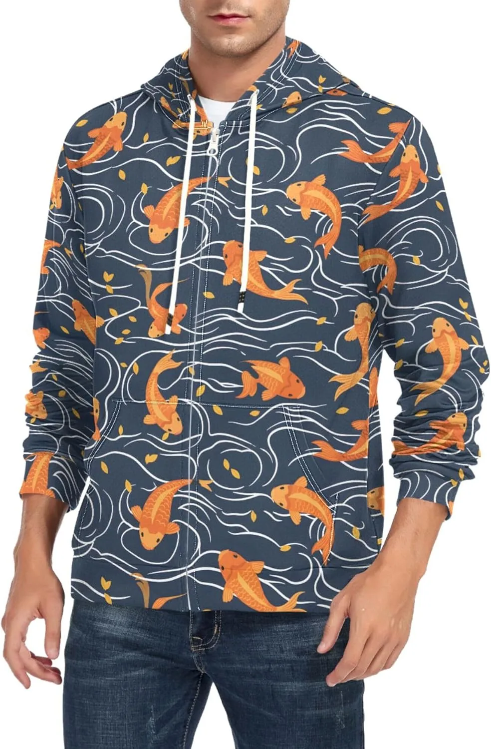 

Мужская худи на молнии с принтом кои и листьями, длинный рукав, с карманом CUPADA