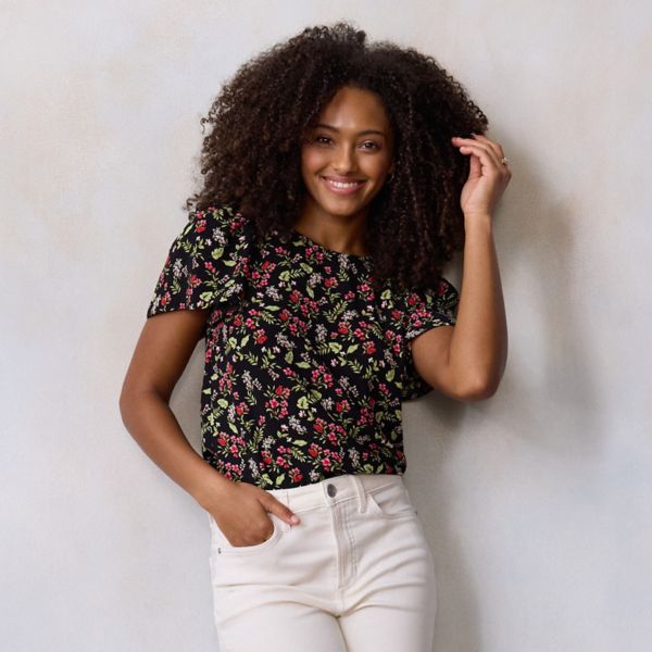 

Женский топ с круглым вырезом и расклешенными рукавами Lc Lauren Conrad, цвет black balboa floral