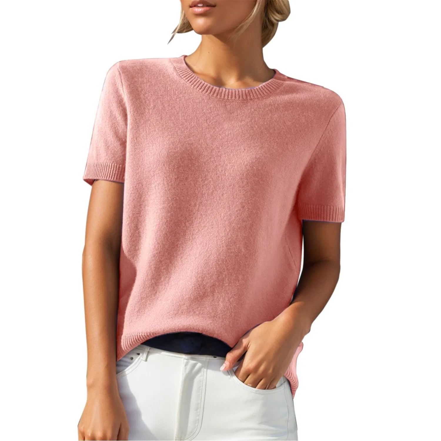 Женский свитер с коротким рукавом черный HUIFUAO, Z01 Hot Pink
