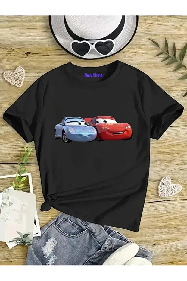 Детская футболка для девочек с принтом Mcqueen and Sally Oversize Kids T-Shirt New Shine, Черный