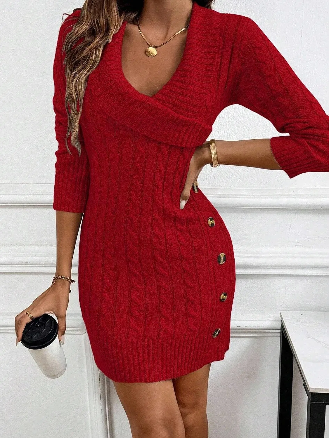 Женское вязаное платье с асимметричным вырезом, Red — фото 4