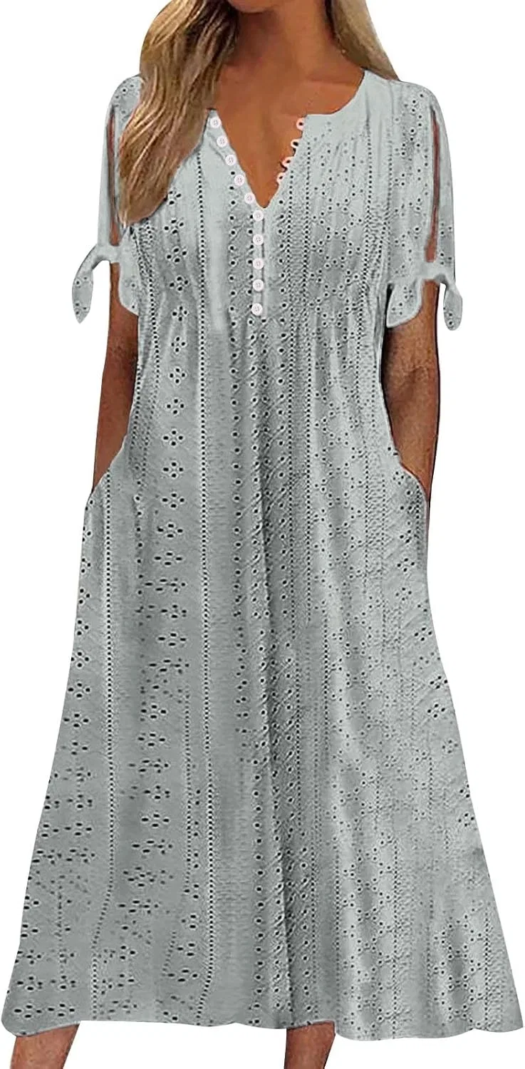 Женское летнее платье макси с вышивкой, серо-голубое