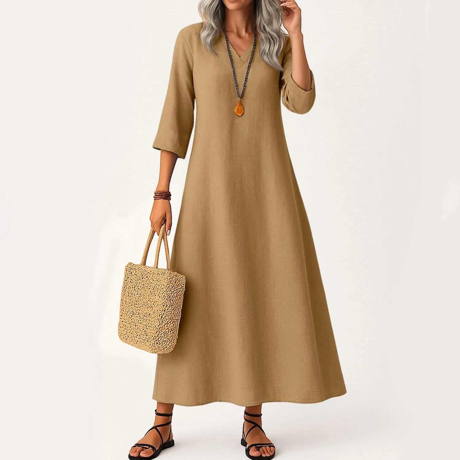 Женское летнее макси-платье с 3/4 рукавом из хлопка и льна Casual, Light Brown — фото 3
