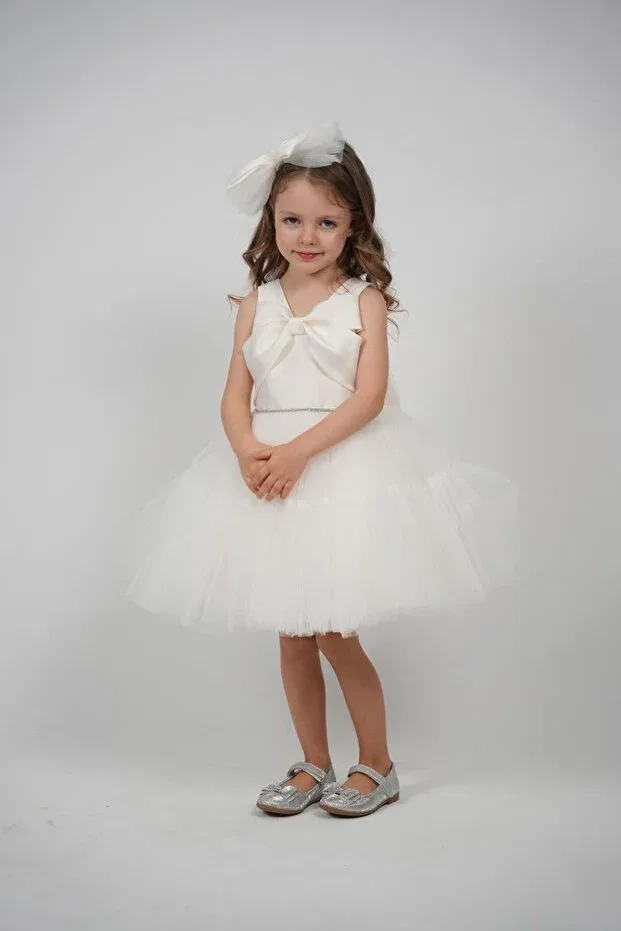 Детское платье для девочек с принтом Bow Look Tulle Skirt Girl Evening Dress Monita, White