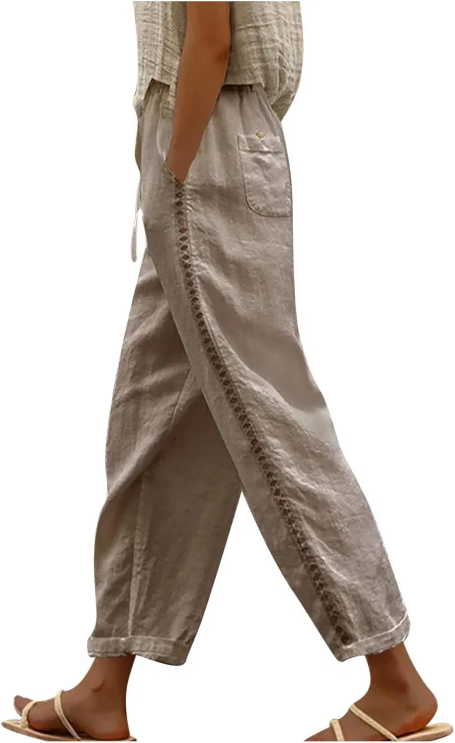 Женские льняные брюки с кружевной отделкой, Khaki