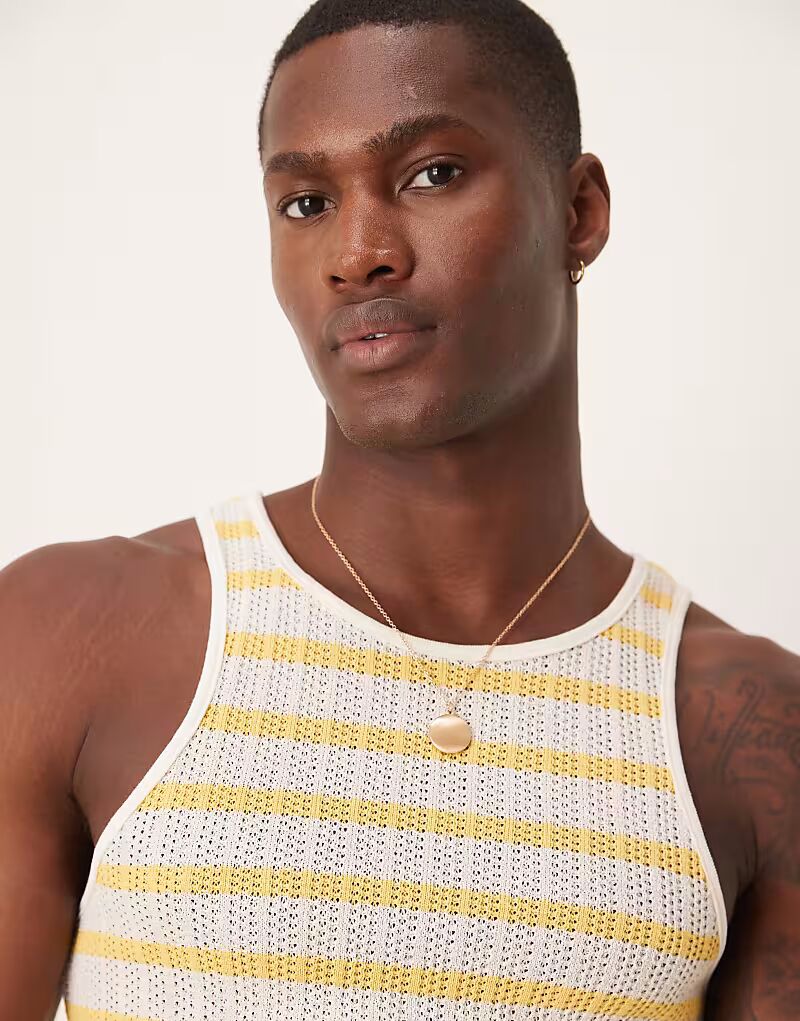 

Майка ASOS DESIGN Muscle Fit с круглым вырезом в фактурную белую и желтую полоску