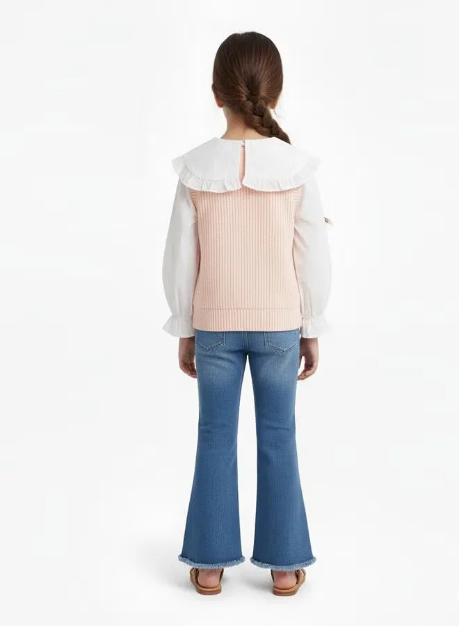 Комплект вязаный жилет с джинсами Pastel floral knit Babyqlo, розовый — фото 2