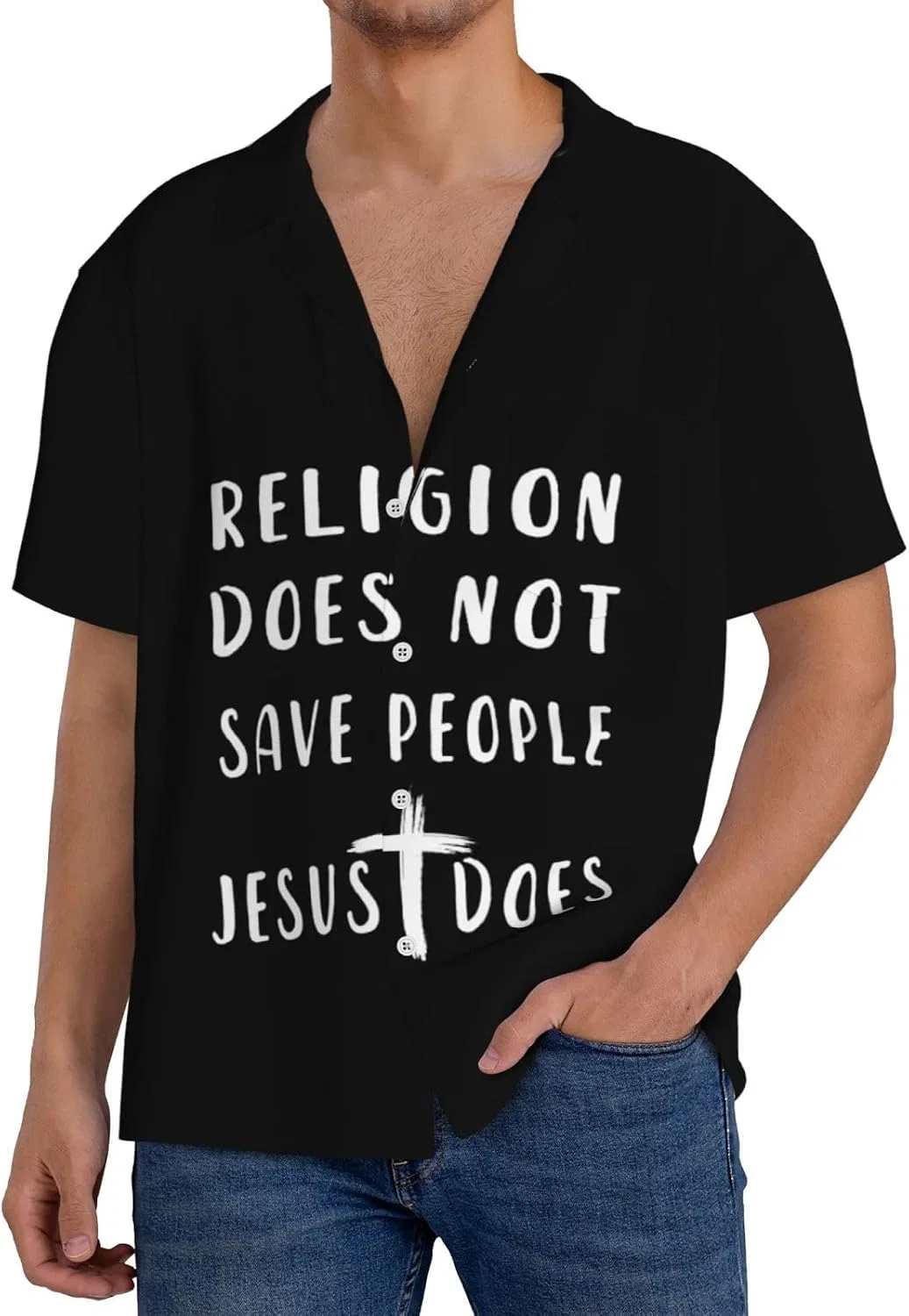 Мужская свободная рубашка с принтом Jesus, Black