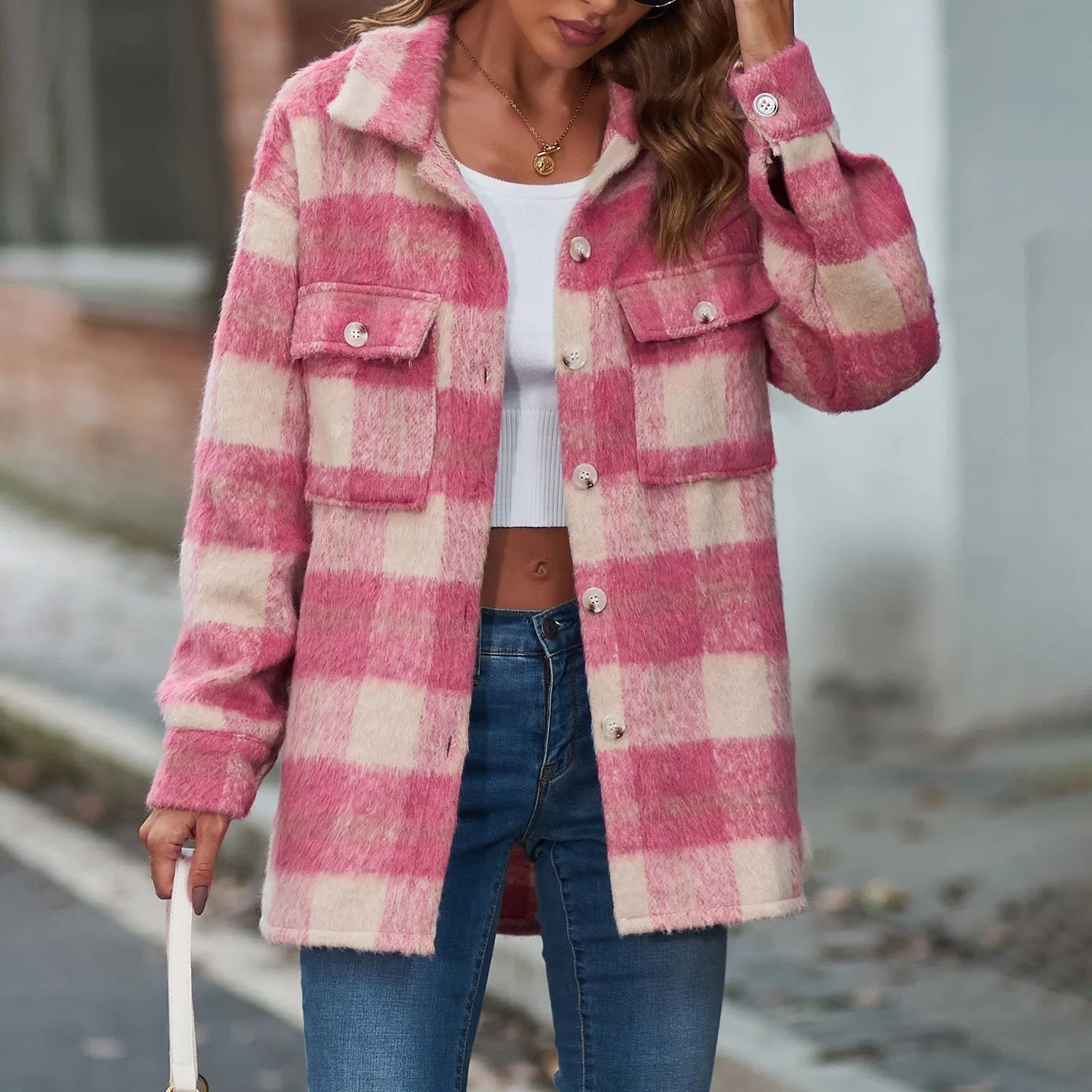 Женская рубашка в клетку с длинным рукавом, Colore: Rosa — фото 4