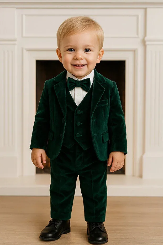 Детский комплект из бархата с питер-пан воротником Tozpembebaby, Green