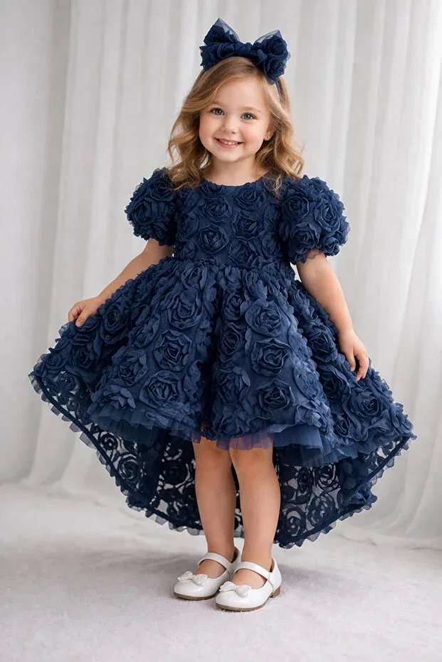 Детское платье для девочек с принтом 3D Rose Tail Queen Tasarım, Navy Blue