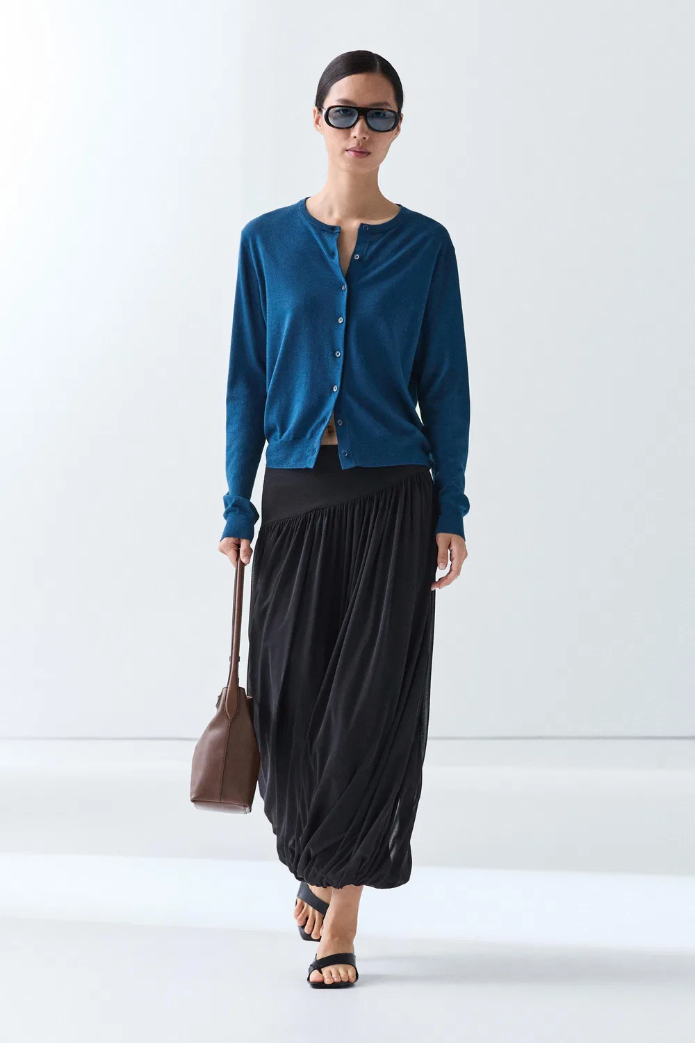 Кардиган Massimo Dutti Fine-Knit Round Neck, глубокий синий — фото 3