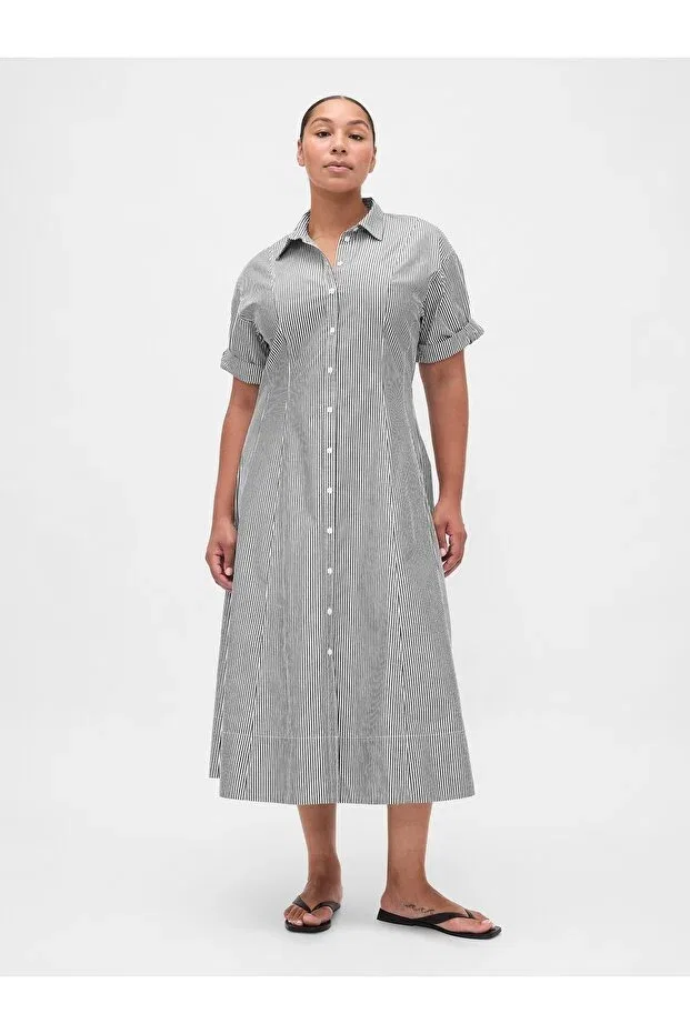 Женское платье-рубашка с коротким рукавом в полоску Gap, Black And White Striped — фото 4