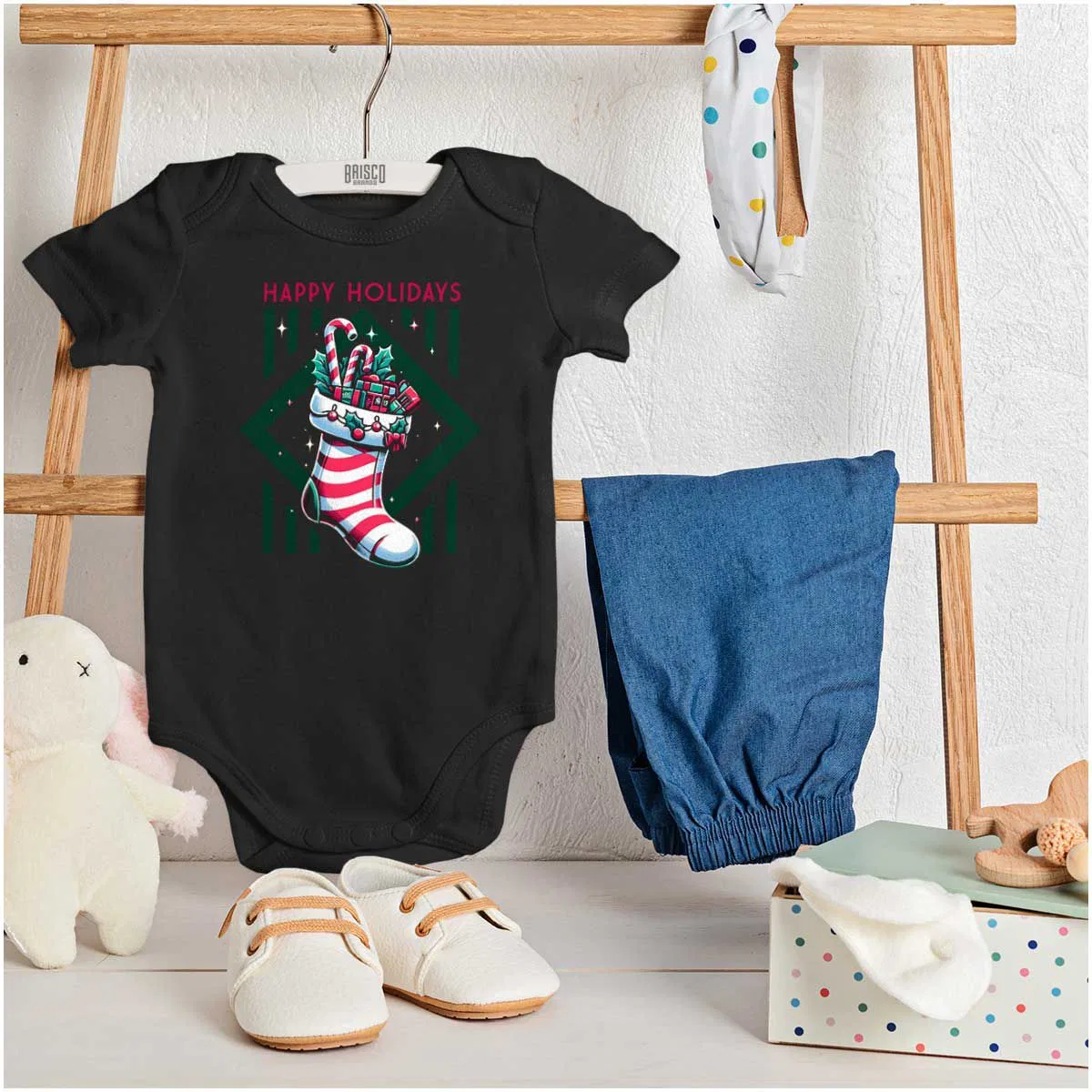 Детский боди-комбинезон с принтом Happy Holidays Stocking Brisco Brands, Black — фото 3