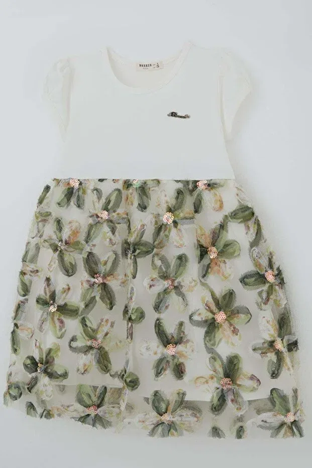 Детское платье для девочек с принтом 3D Daisy Flower Applique and Sequin Detail Breeze, Ecru — фото 4