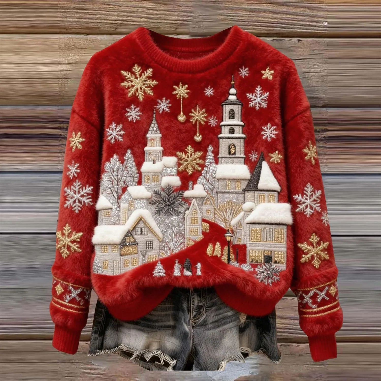 Женский свитшот с принтом Christmas City, фланелевый, теплый пуловер, Red — фото 2
