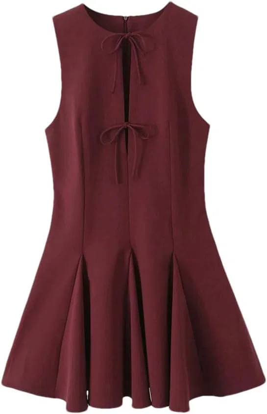 Женское повседневное платье с бантом Solid Color Casual Simple, Red