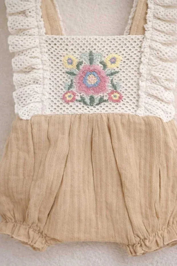 Детский комбинезон для девочек с кружевом Eid Summer Lace Embroidered Strappy Muslin Krm Kerem Bebe, Beige — фото 3
