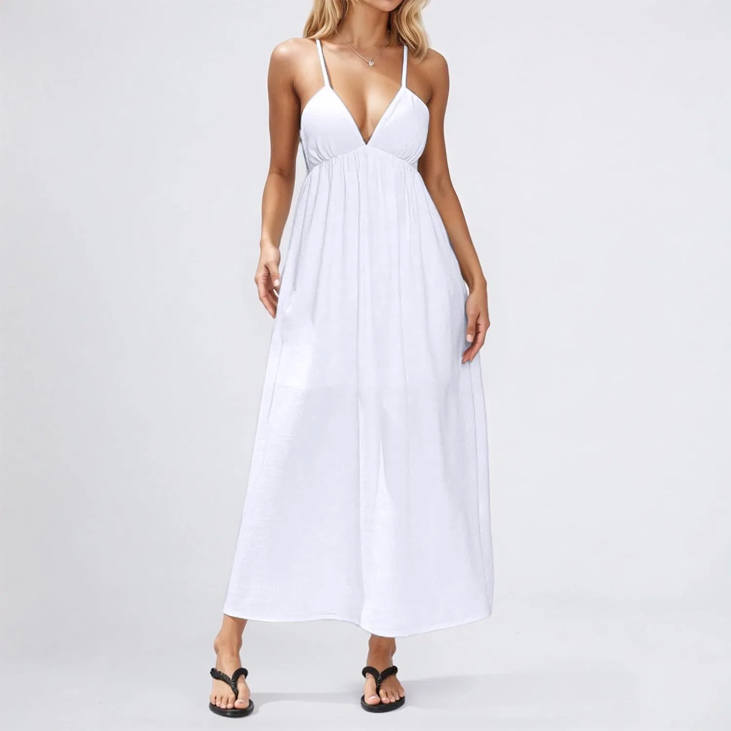 Женское летнее платье без рукавов с открытой спиной, модель Backless Cami Dress, белый — фото 2