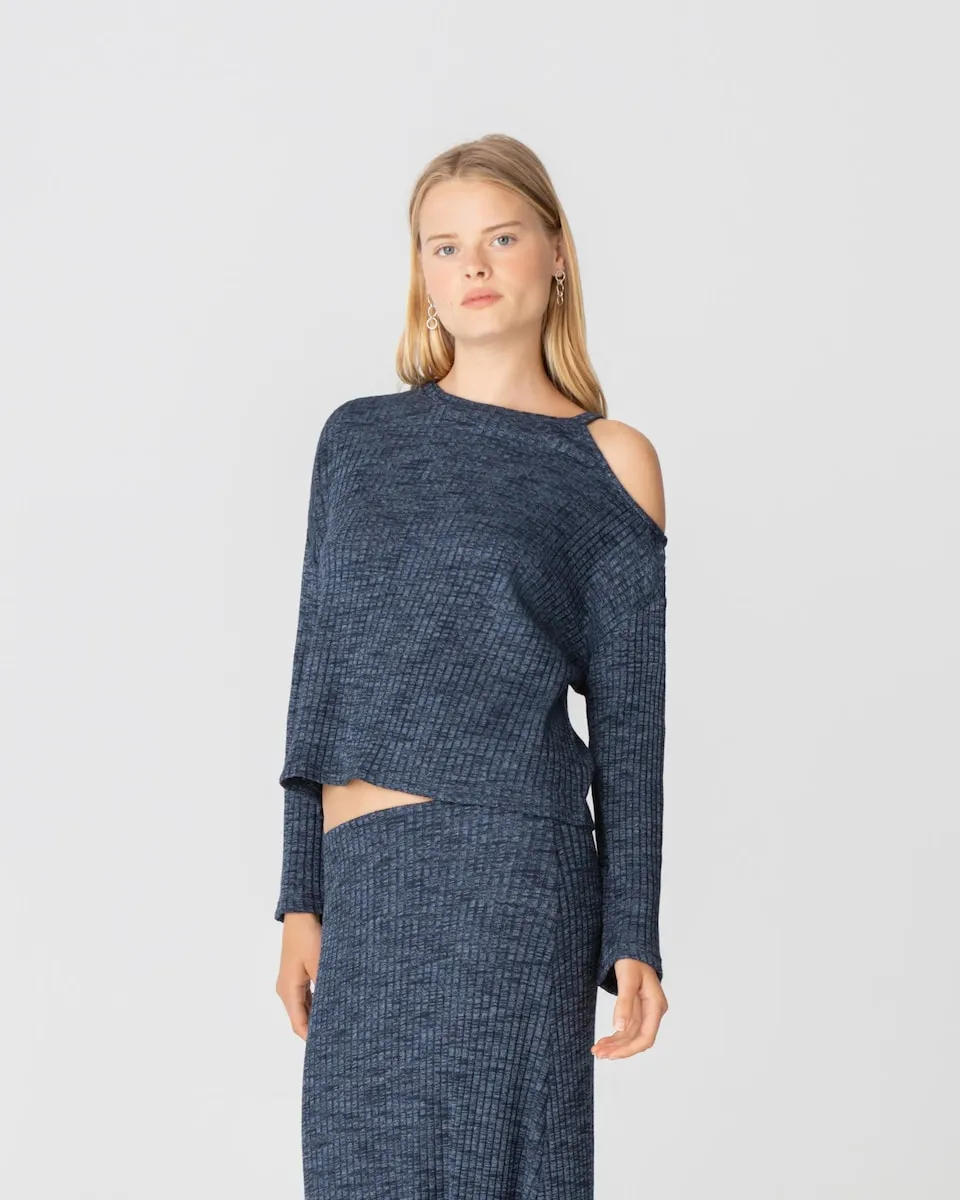 

Женская футболка с длинным рукавом и открытым плечом Noon, темно-синий