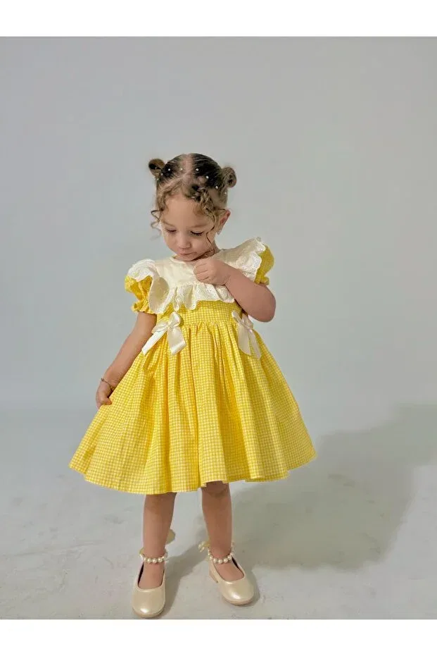 Детское платье для девочек с воротником-стойкой Defne Linarookids, Yellow — фото 3