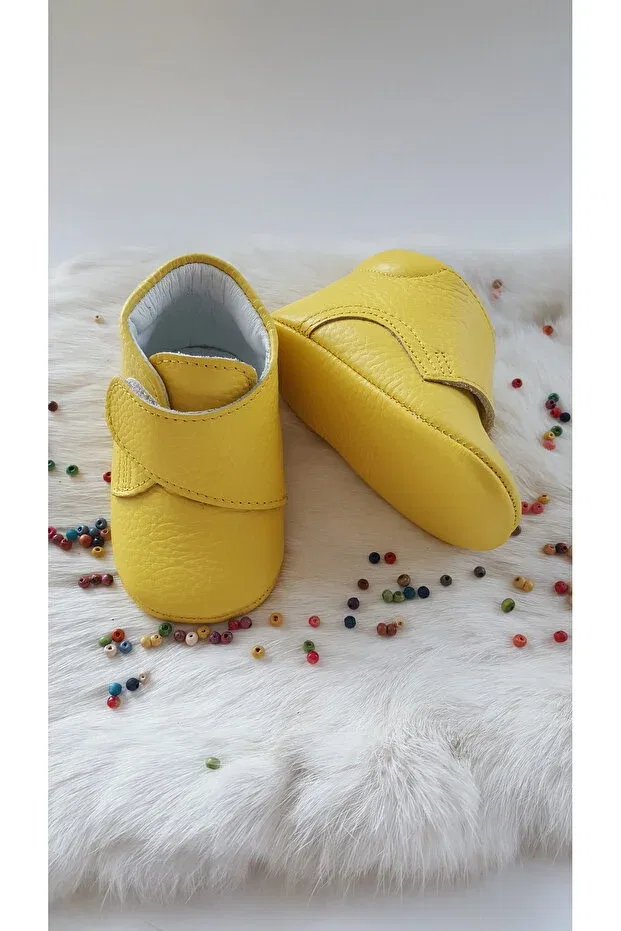 Детские пинетки из натуральной кожи с липучками Hodore, Yellow — фото 3
