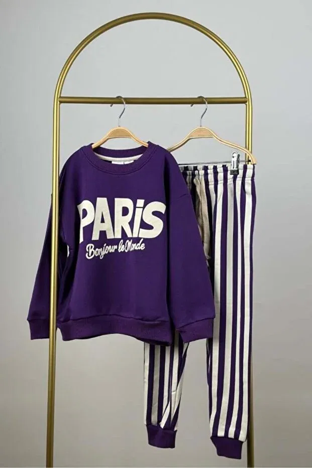 Детский спортивный комплект для девочек с принтом Paris printed tracksuit set Booni Jooni, Purple — фото 2