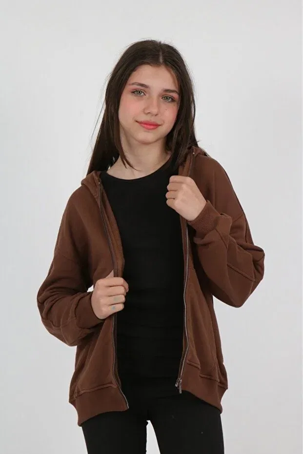 Детский кардиган для девочек с капюшоном Brown Girl's Hooded Zippered Pockets Off Shoulder Embroidery Printed Knitted Cardigan Toontoy, Brown — фото 4