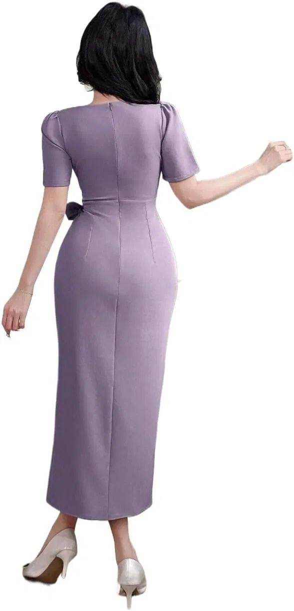 Женское элегантное платье с бантом и разрезом Puff Sleeve, Purple — фото 3