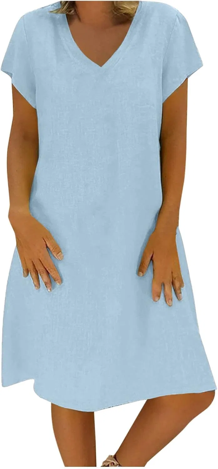 Женское летнее платье из хлопка и льна с V-образным вырезом, Light Blue