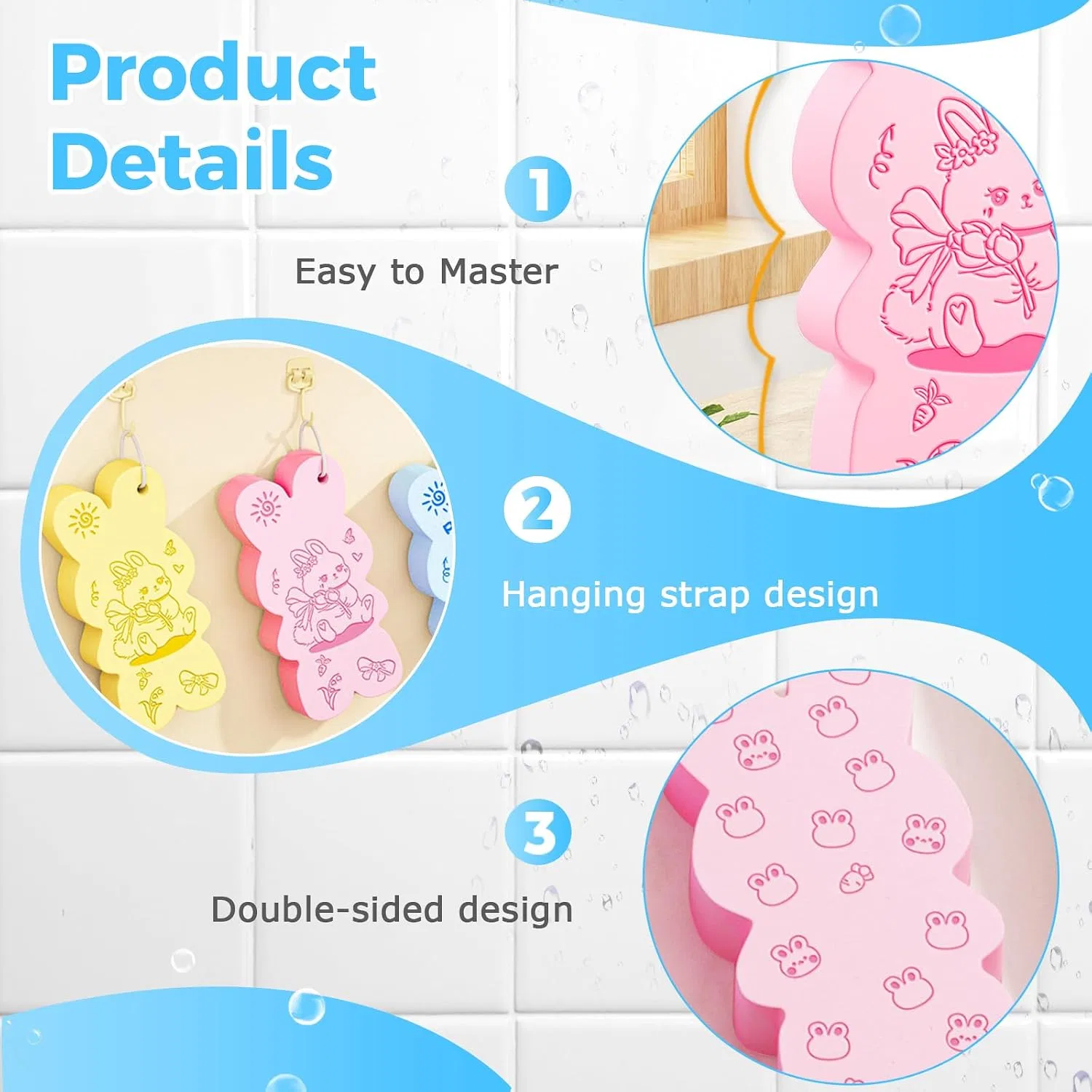 Мочалка для тела Magic Exfoliating Bath Sponge, AIIONP, 3 шт, 12.2x6.1x3 см, Синий/Розовый — фото 3