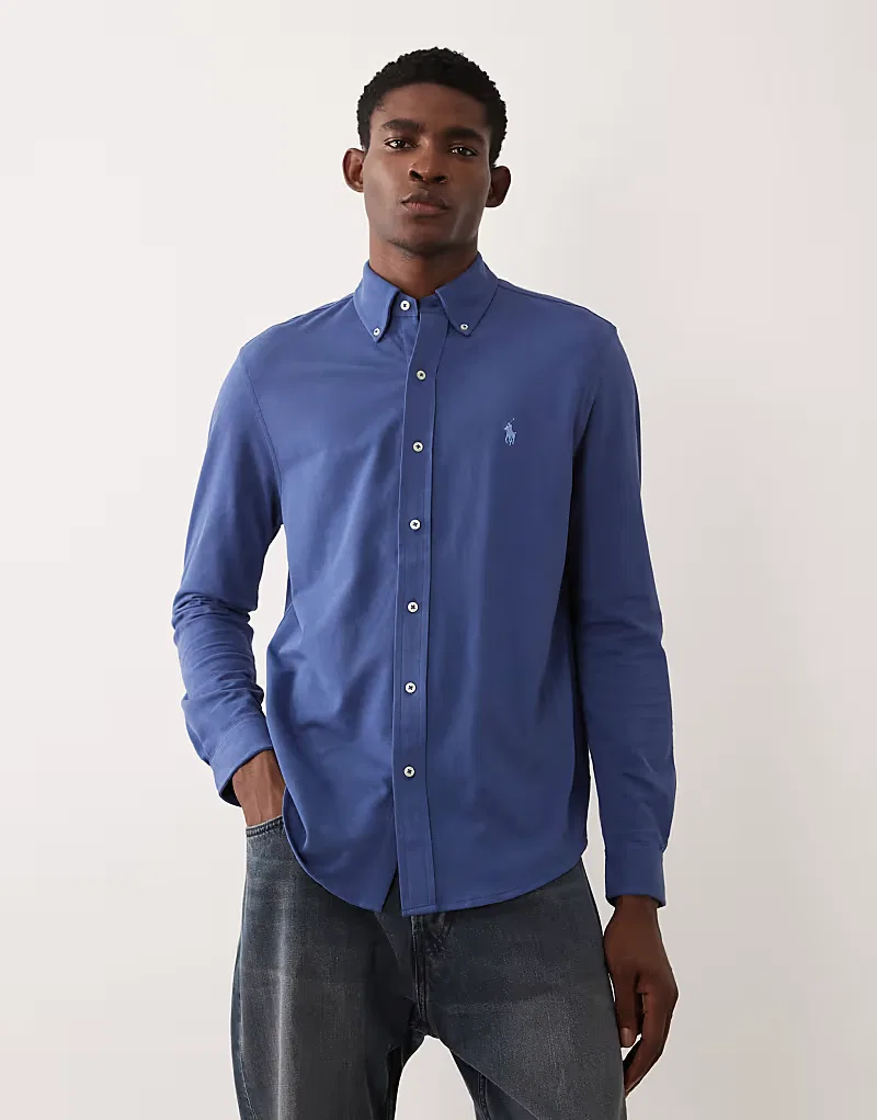 Хлопковая рубашка с длинными рукавами и логотипом Polo Ralph Lauren, темно-синий